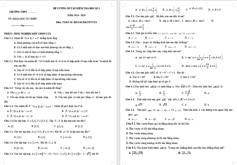 Đề cương ôn tập học kì 1 Toán 10