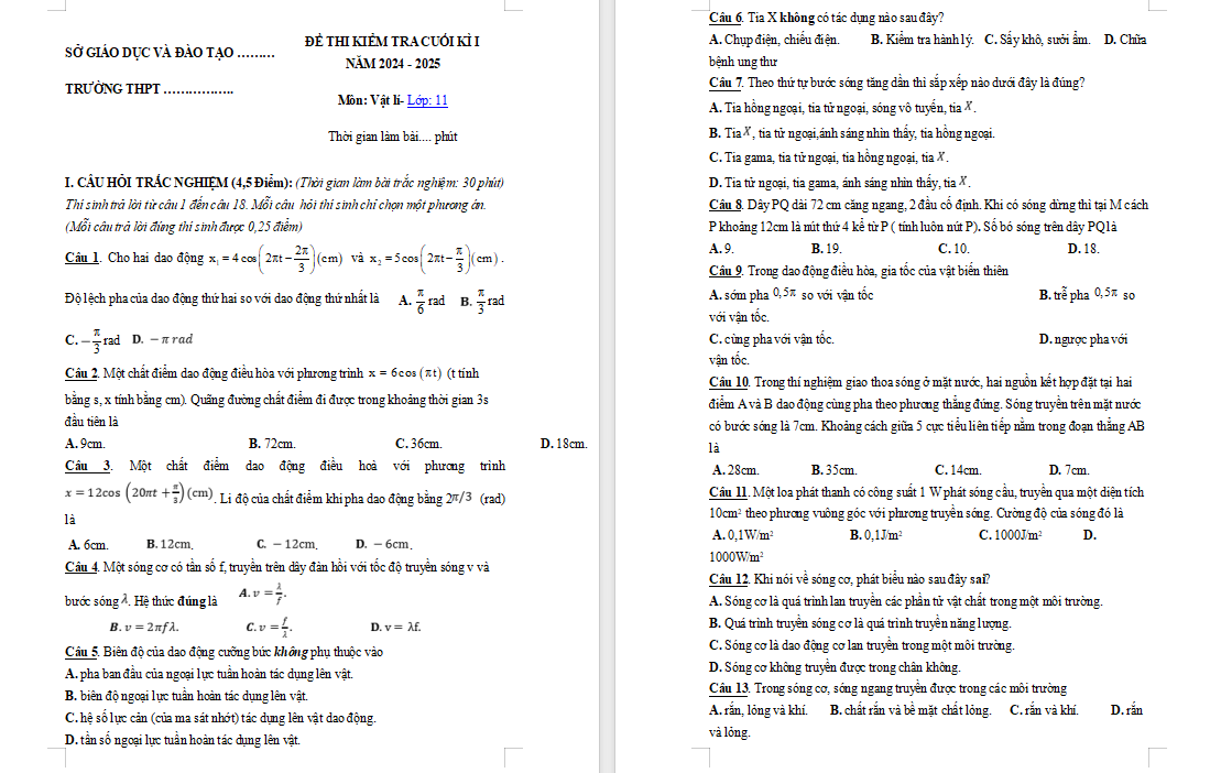 Đề thi cuối kì 1 Vật lí 11