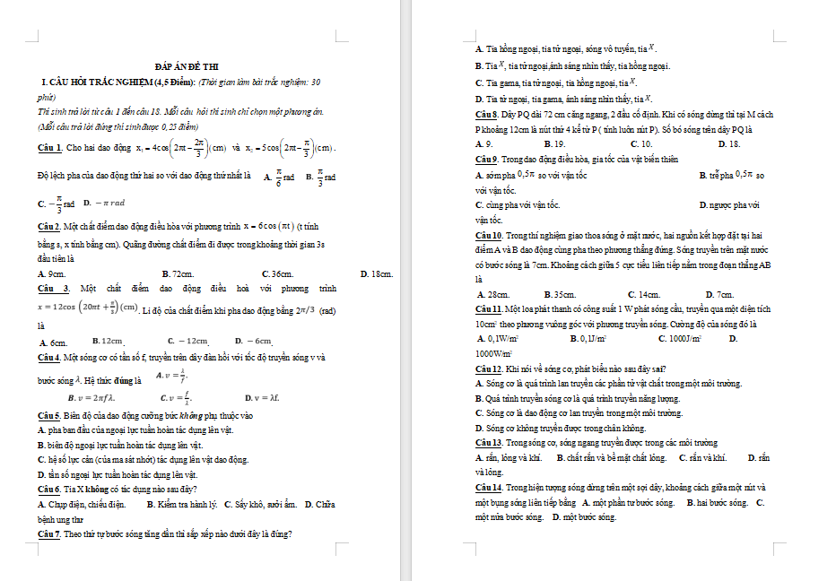Đề thi cuối kì 1 Vật lí 11