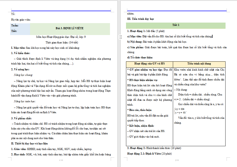 Toán 9 Bài 3: Định lí Viète