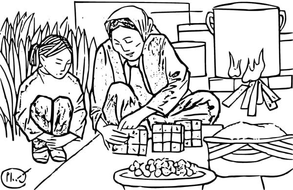 Tranh tô màu gói bánh chưng ngày Tết