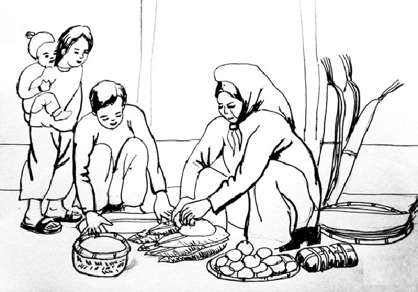 Tranh tô màu gói bánh chưng ngày Tết