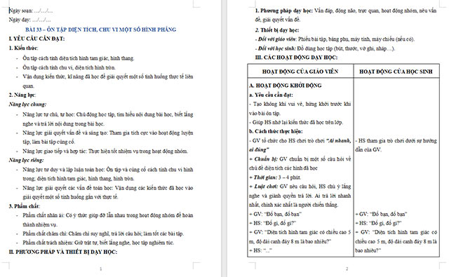 Giáo án dạy thêm Toán 5 Ôn tập diện tích, chu vi một số hình phẳng