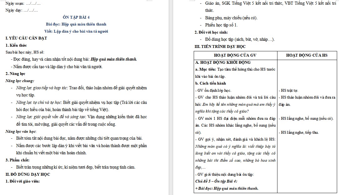 Giáo án dạy thêm Tiếng Việt 5 Bài Hộp quà màu thiên thanh file word