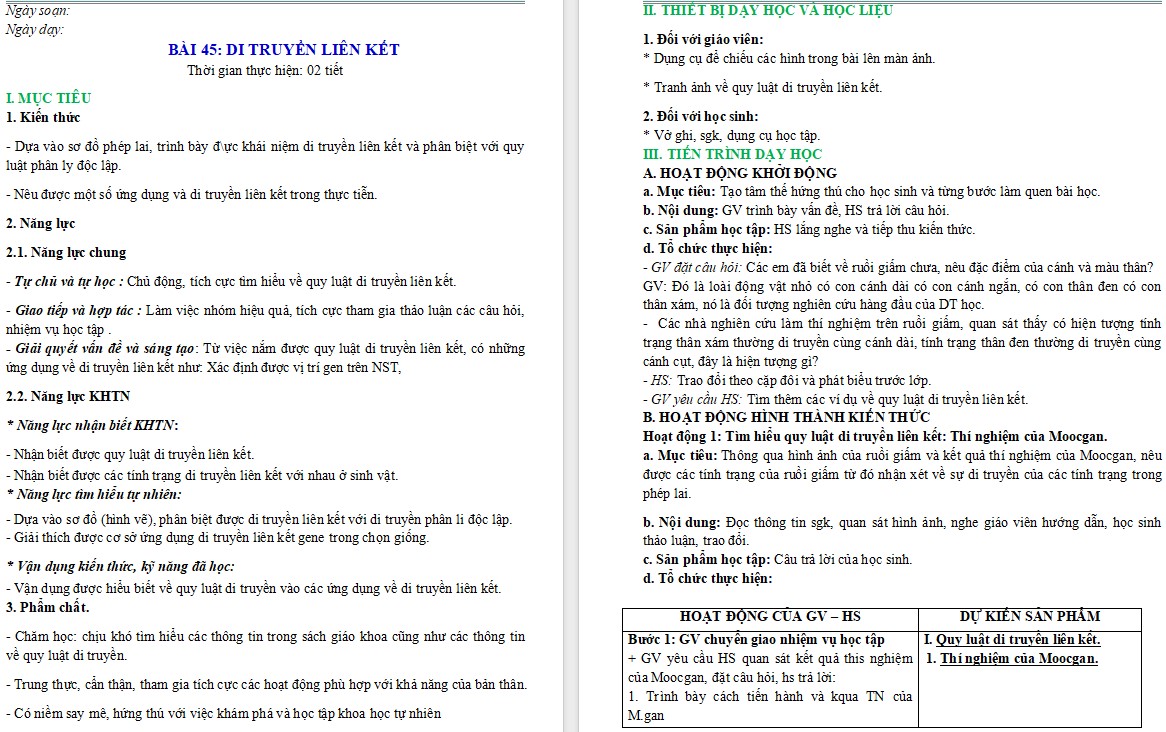 Giáo án KHTN 9 Bài 45: Di truyền liên kết 