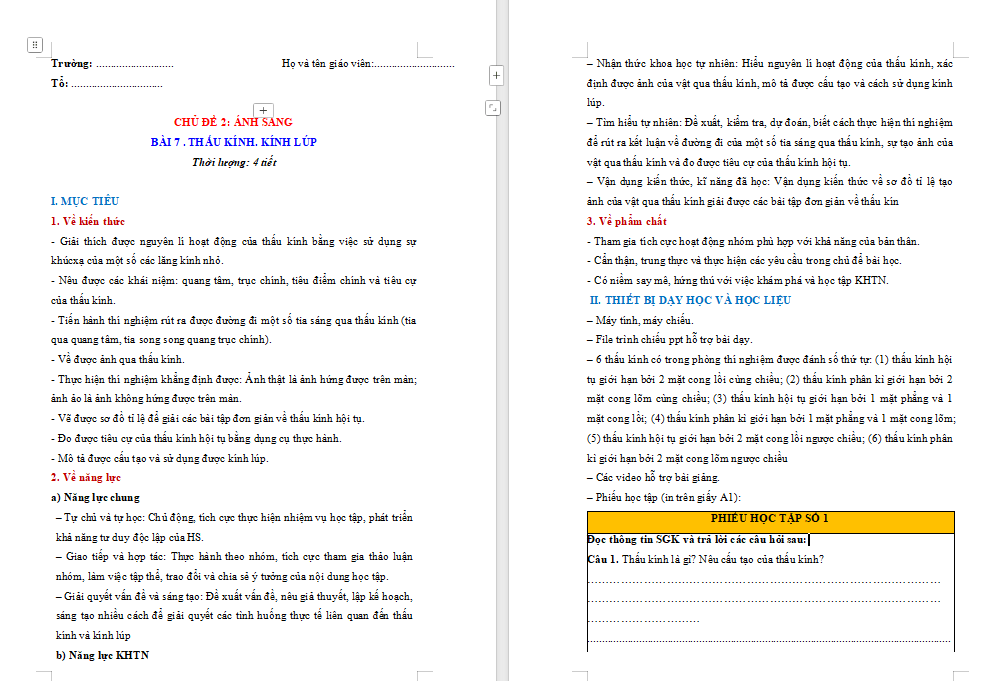 Giáo án Vật lí 9 Bài 7: Thấu kính Kính lúp