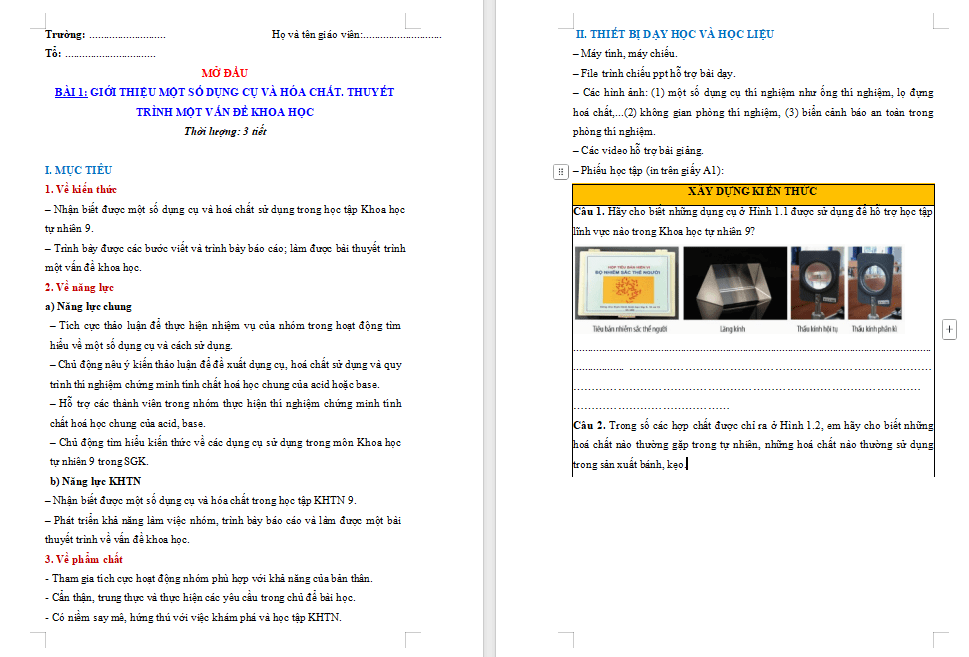 Giáo án PowerPoint Khoa học tự nhiên 9 Bài 1: Giới thiệu một số dụng cụ và hoá chất – Thuyết trình một vấn đề khoa học Giáo án KHTN 9 Chân trời sáng tạo (Word + PPT)