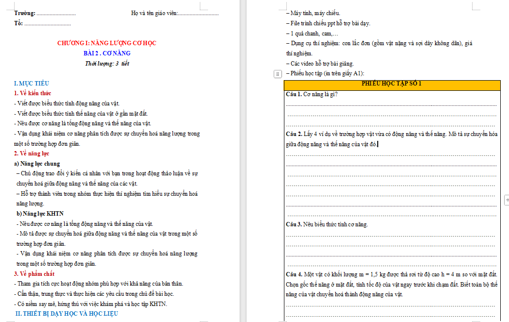 Giáo án PowerPoint Khoa học tự nhiên 9 Bài 2: Cơ năng Giáo án KHTN 9 Chân trời sáng tạo (Word + PPT)