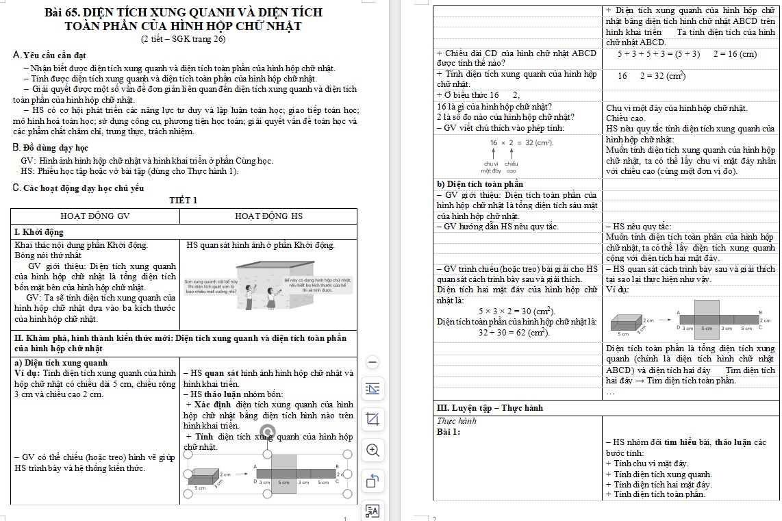 Giáo án PowerPoint Toán 5 Bài 65: Diện tích xung quanh và diện tích toàn phần của hình hộp chữ nhật Giáo án Toán 5 Bài 65 Chân trời sáng tạo (Word + PPT)