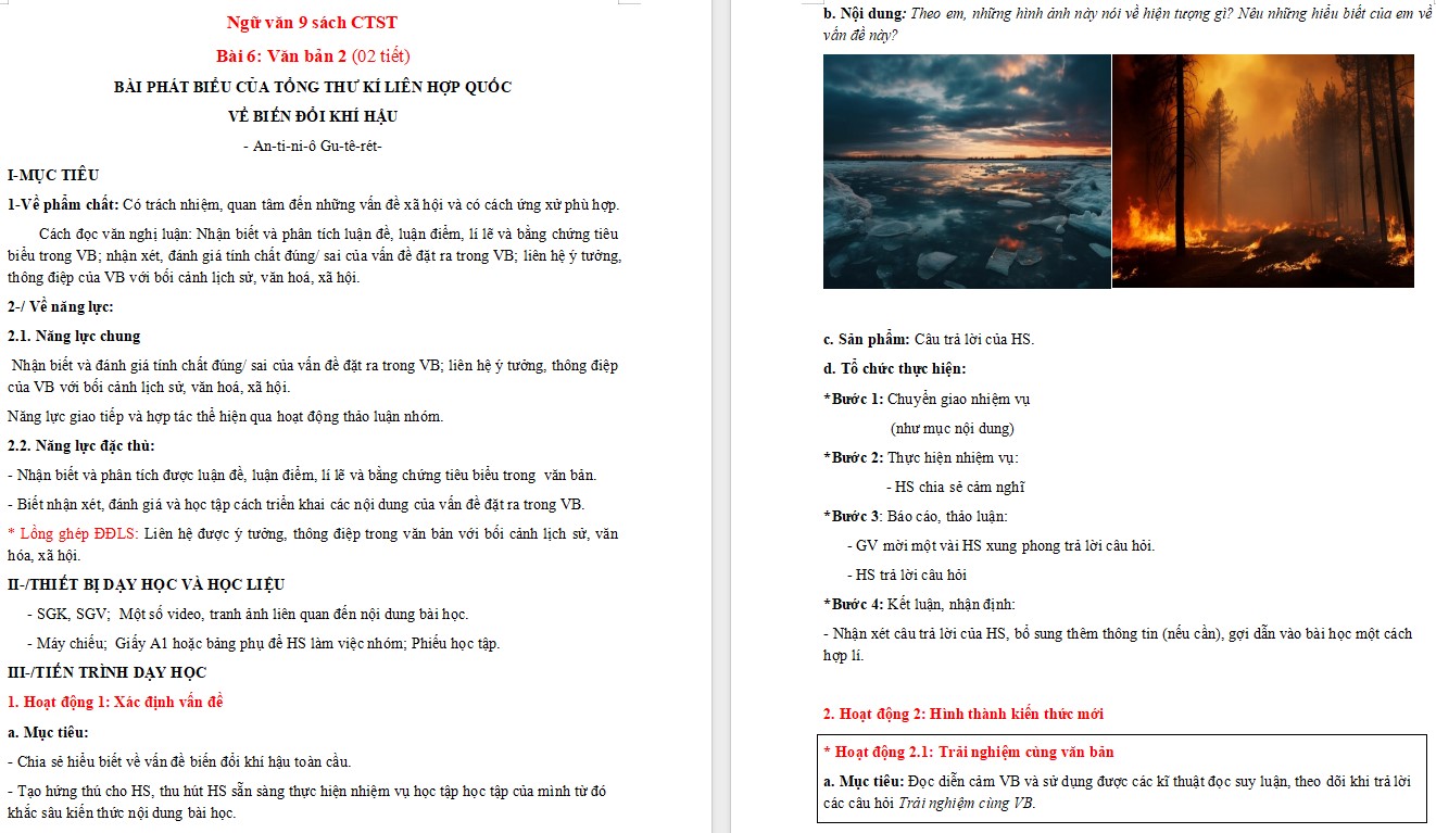 Giáo án PowerPoint Ngữ văn 9 Bài 6: Bài phát biểu của Tổng Thư kí Liên hợp quốc về biến đổi khí hậu Giáo án Bài 6 Ngữ văn 9 CTST (Word/PPT)