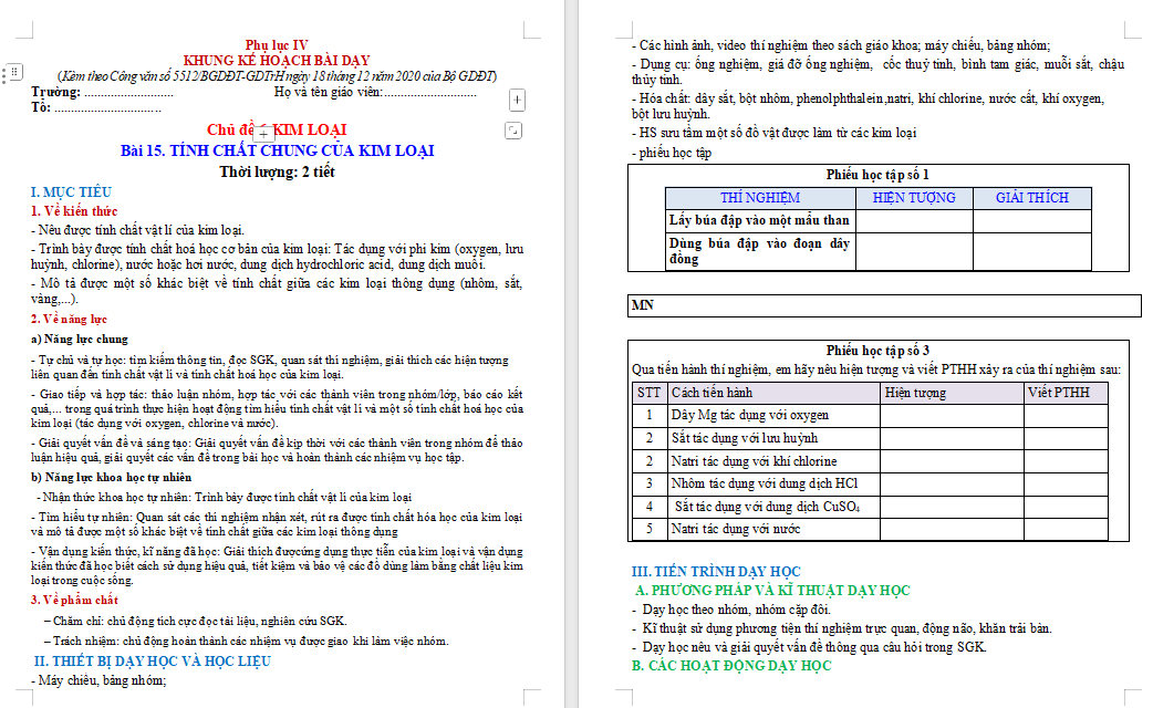 Giáo án Hóa học 9 Bài 15 Tính chất chung của kim loại