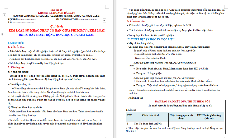 Giáo án Hóa học 9 Bài 16 Dãy hoạt động hoá học
