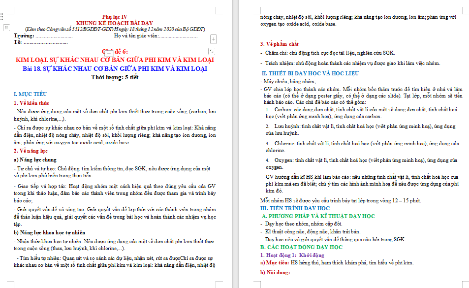 Giáo án Hóa học 9 Bài 18 Sự khác nhau cơ bản giữa phi kim và kim loại