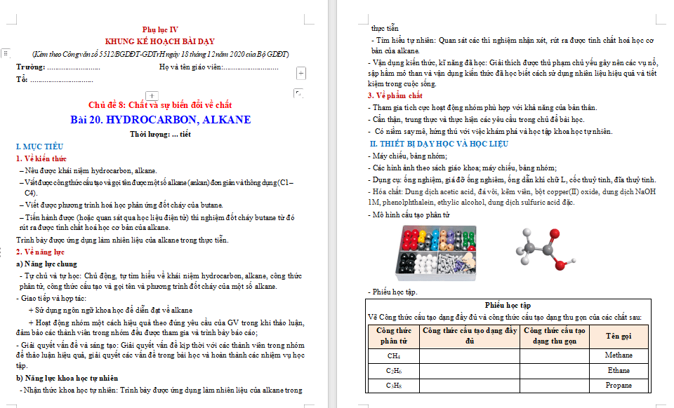 Giáo án Hóa học 9 Bài 20 Hydrocarbon alkane