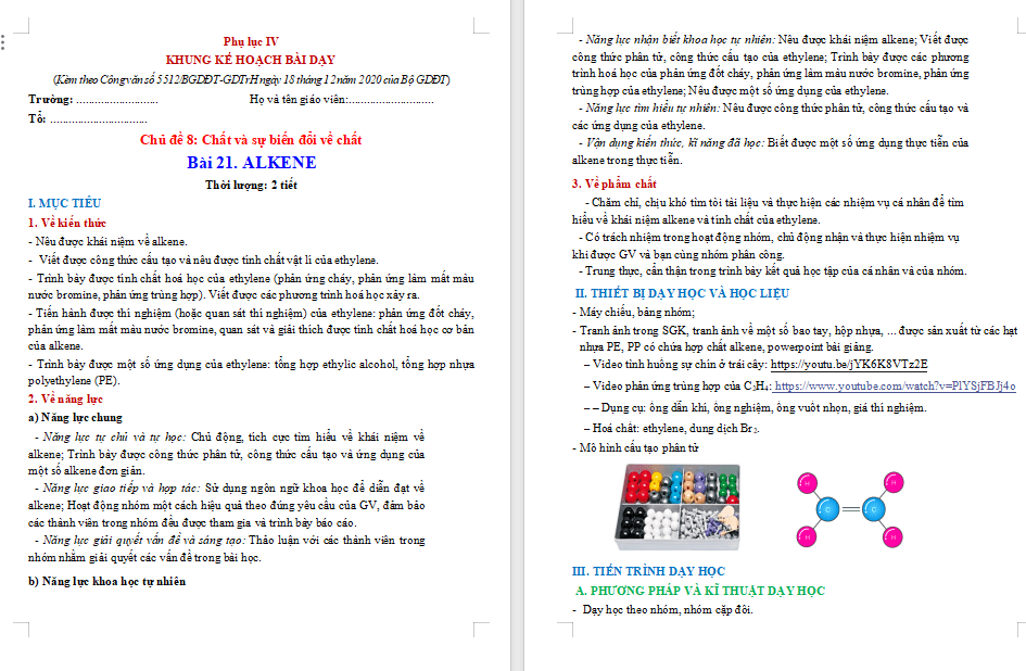 Giáo án KHTN 9 Bài 21: Alkene