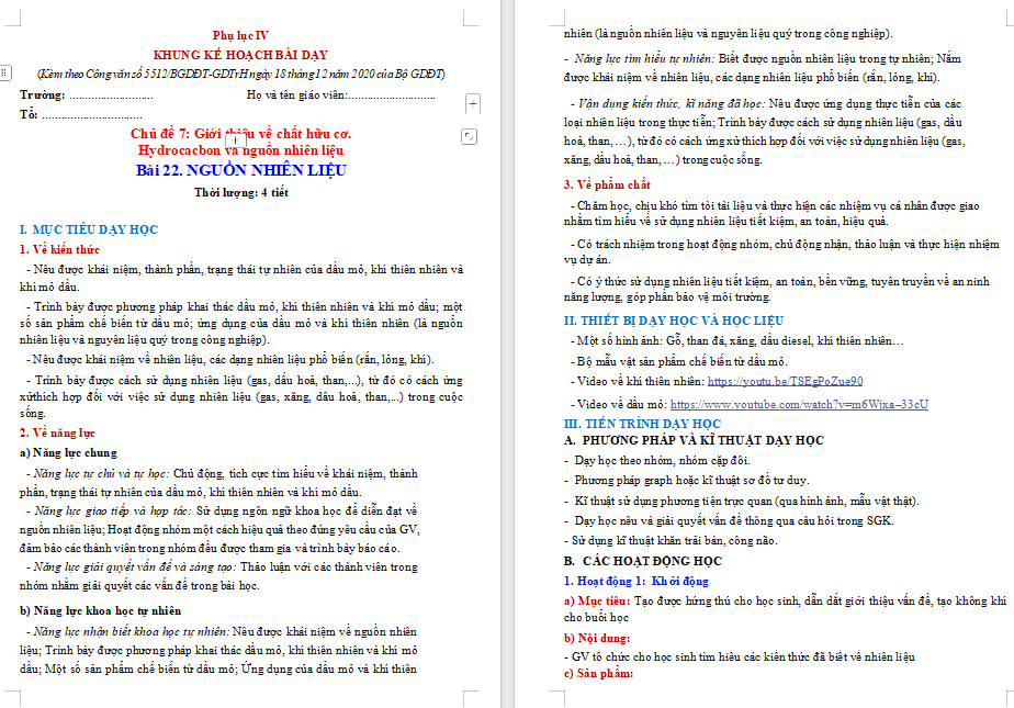 Giáo án KHTN 9 Bài 22: Nguồn nhiên liệu