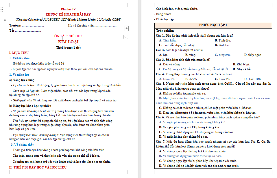 Giáo án Khoa học tự nhiên 9 Bài tập chủ đề 6