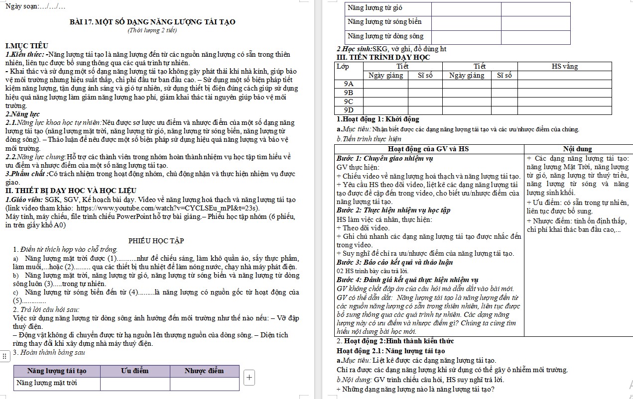 Giáo án Vật lí 9 Bài 17 Một số dạng năng lượng tái tạo file word