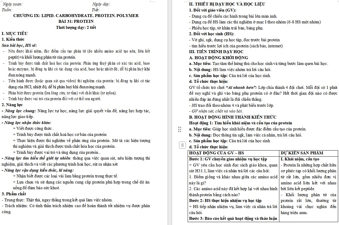 Giáo án Hóa học 9 Bài 31 Protein