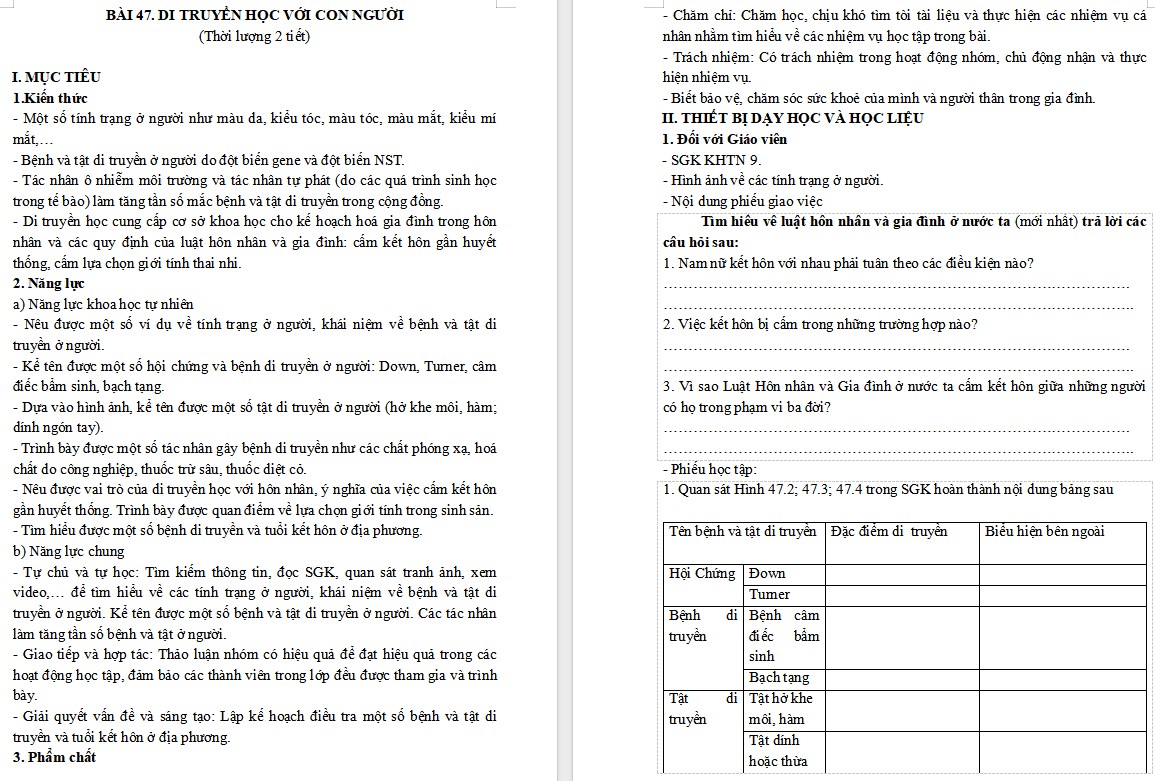 Giáo án Sinh học 9 Bài 47 Di truyền học với con người