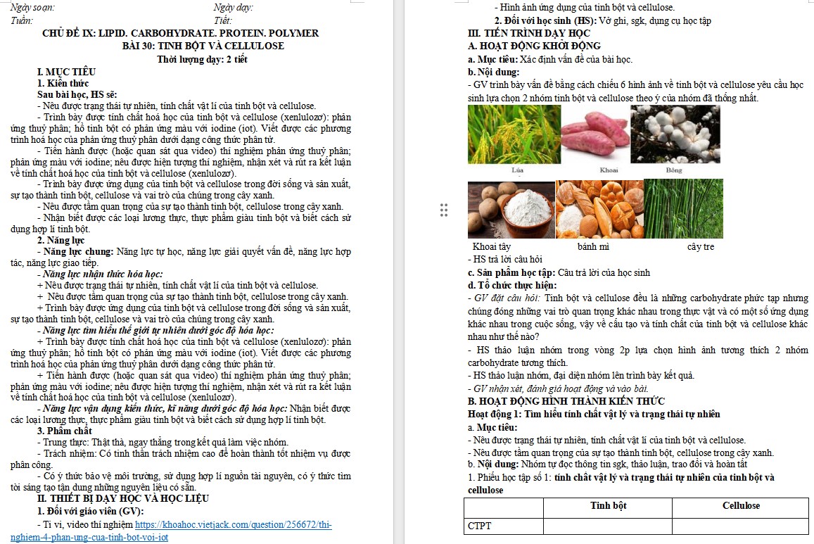 Giáo án Hóa học 9 Bài 30 Tinh bột và cellulose