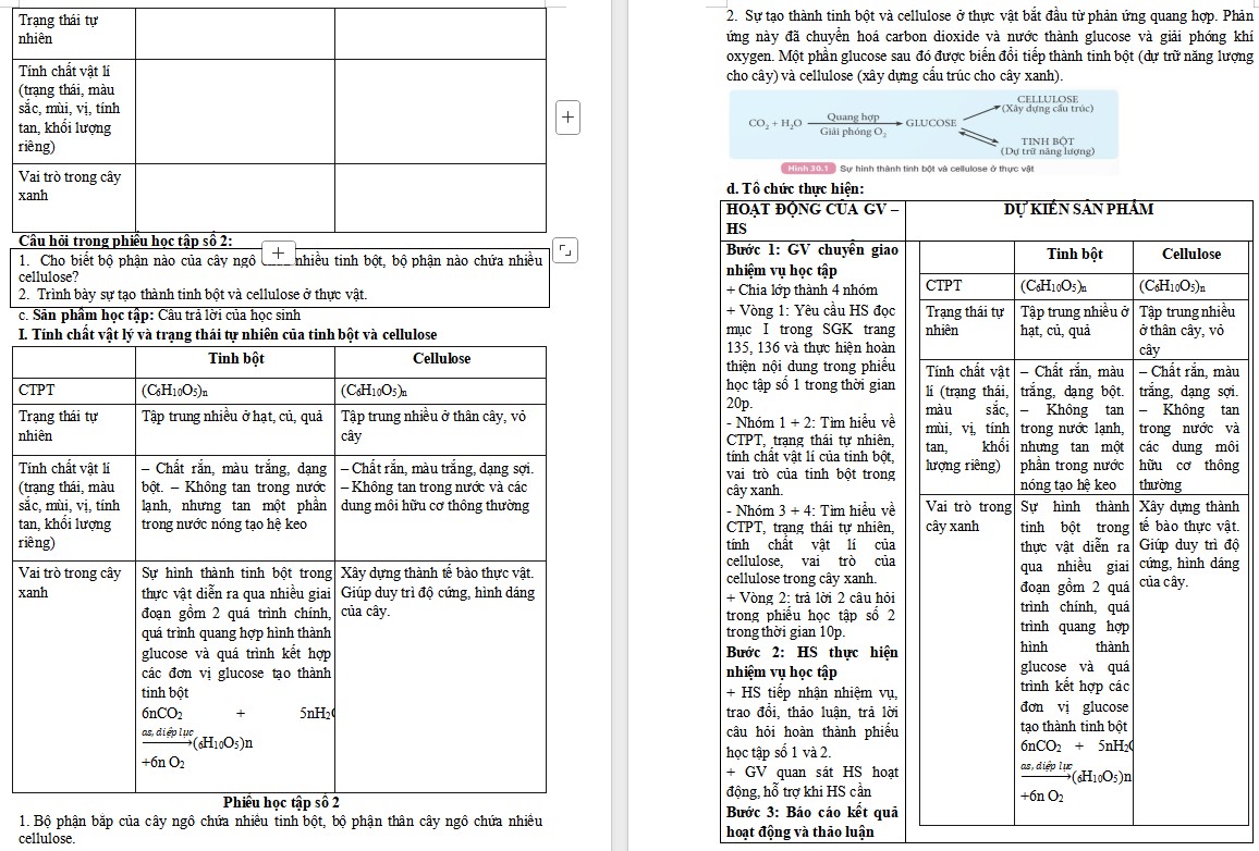 Giáo án Hóa học 9 Bài 30 Tinh bột và cellulose