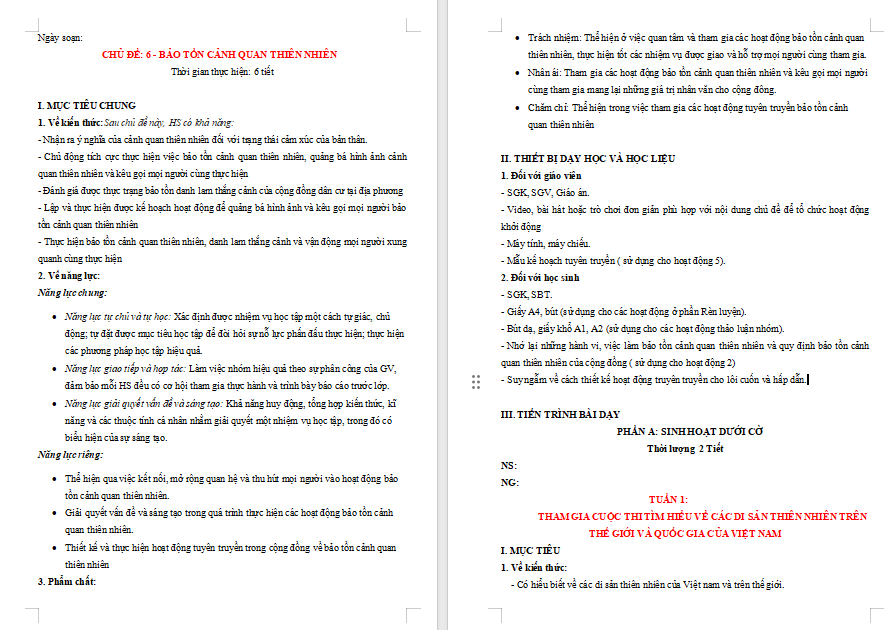 Giáo án Hoạt động trải nghiệm 11 Bảo tồn cảnh quan thiên nhiên
