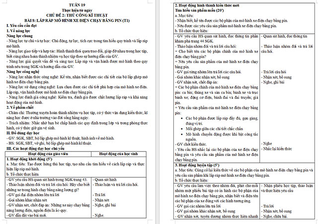 Giáo án Công nghệ 5 Lắp ráp mô hình xe điện chạy bằng pin
