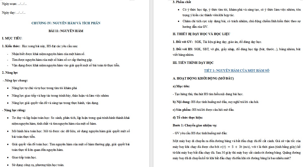 Kế hoạch bài dạy Toán 12 KNTT Bài 11