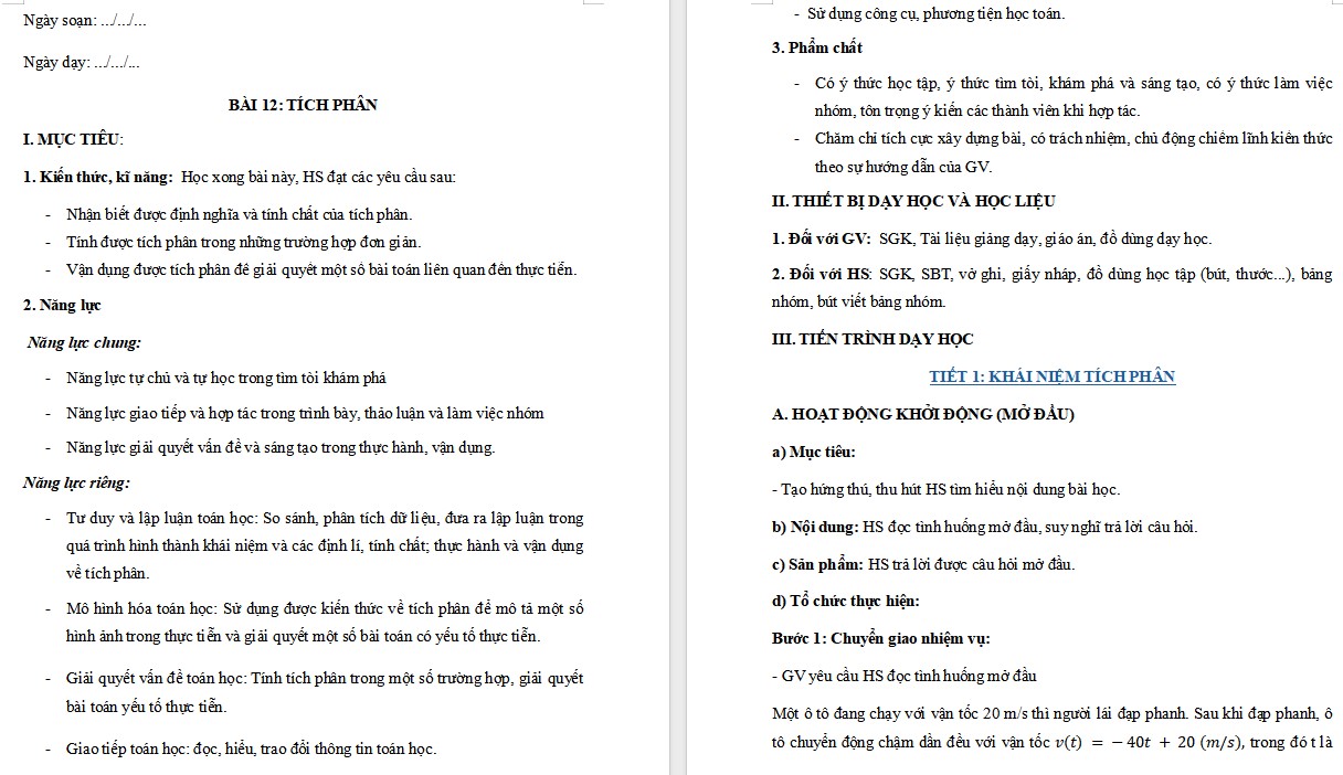 Kế hoạch bài dạy Toán 12 KNTT Bài 12