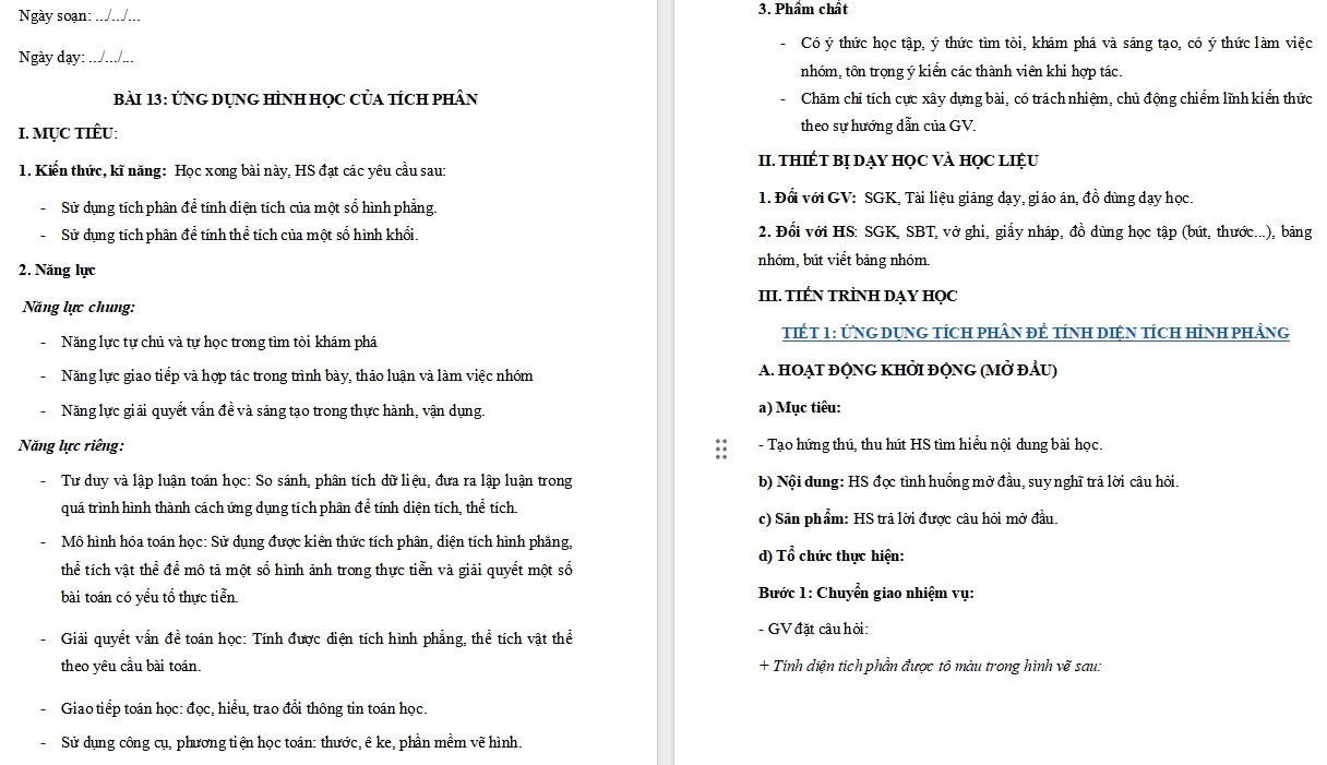 Kế hoạch bài dạy Toán 12 KNTT Bài 13