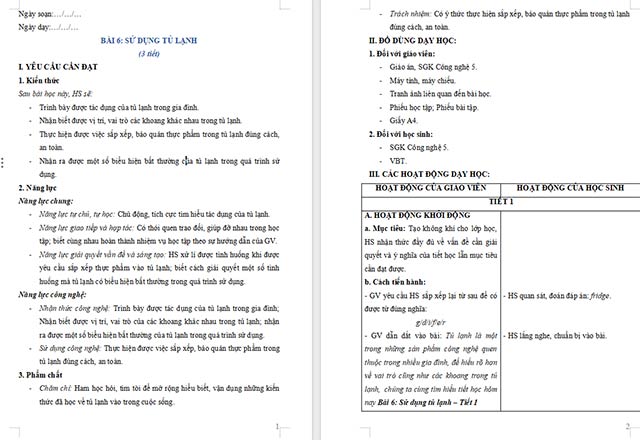 Giáo án Công nghệ 5 Sử dụng tủ lạnh