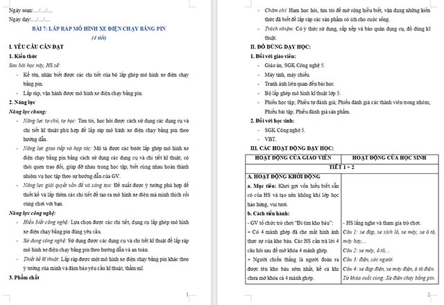 Giáo án Công nghệ 5 Lắp ráp mô hình xe điện chạy bằng pin