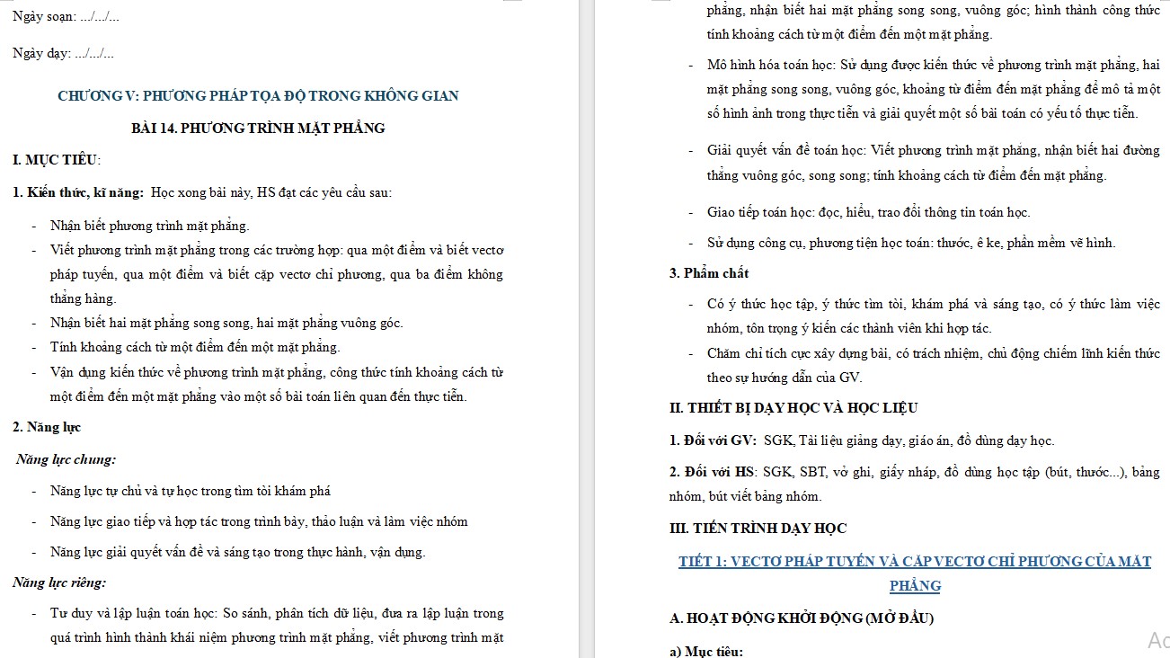 Kế hoạch bài dạy Toán 12 KNTT Bài 14