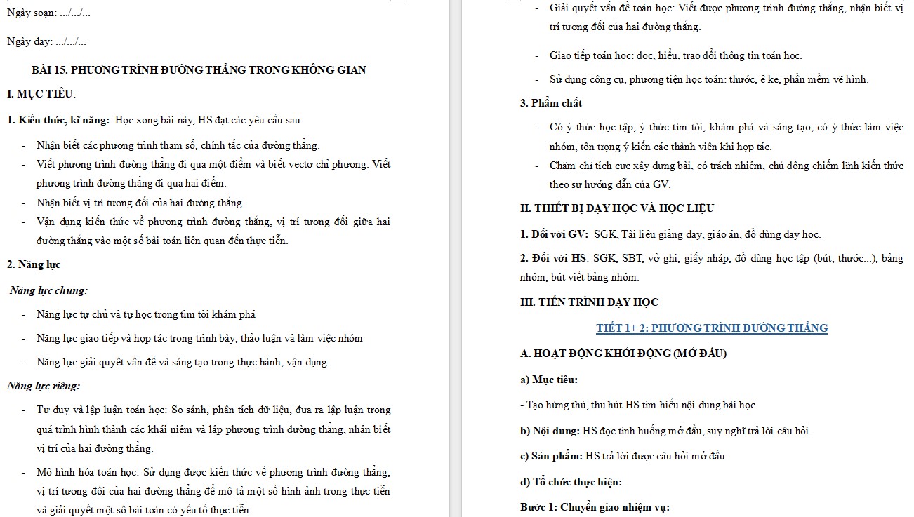 Kế hoạch bài dạy Toán 12 KNTT Bài 15