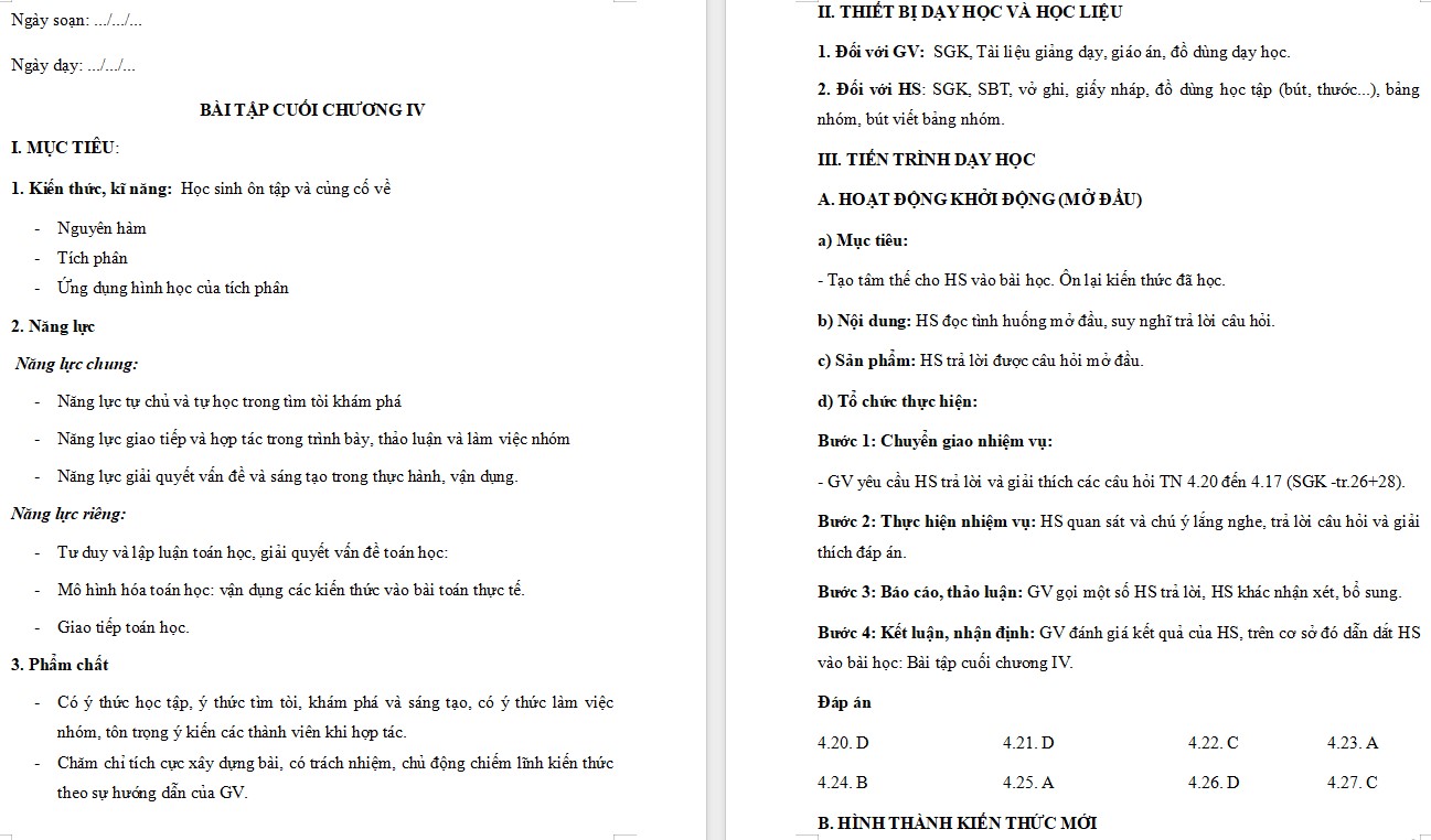 Kế hoạch bài dạy Toán 12 KNTT Bài tập cuối chương 4