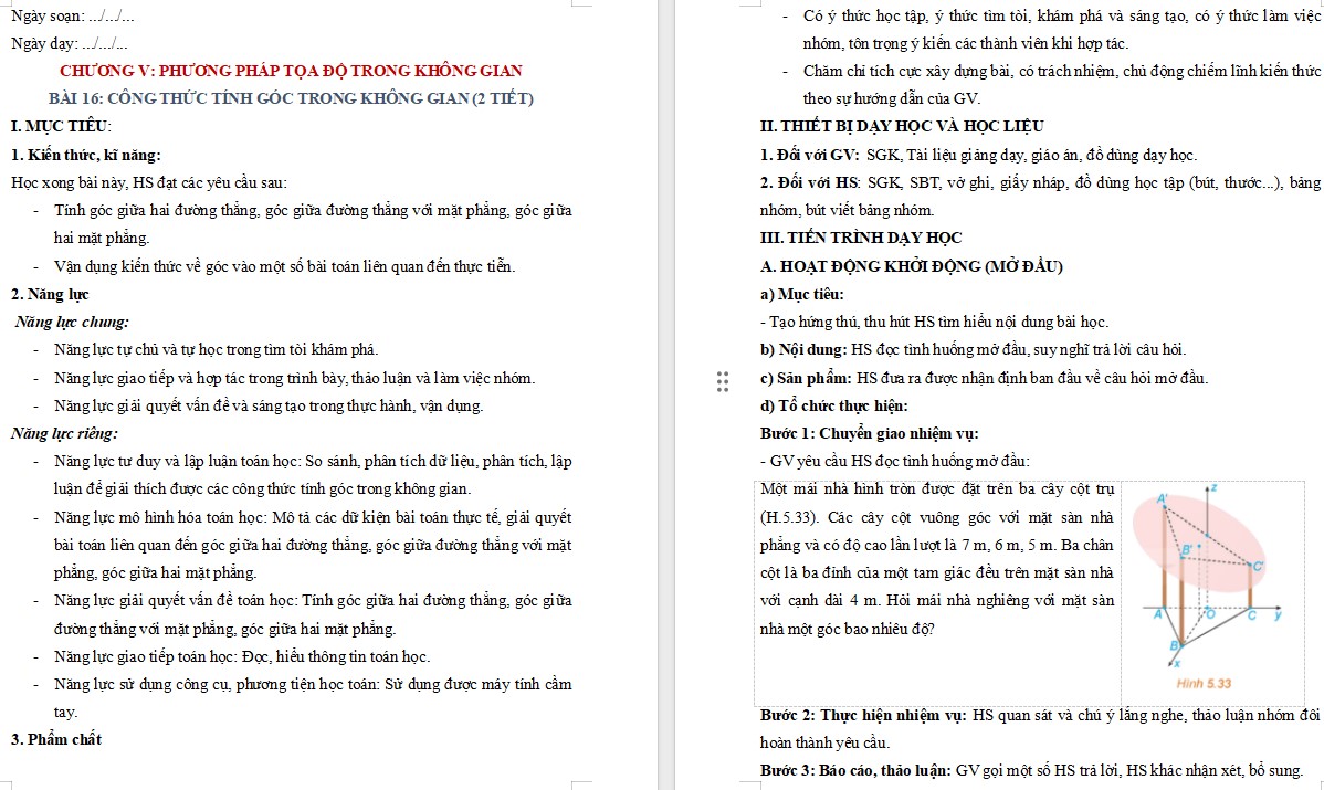 Kế hoạch bài dạy Toán 12 KNTT Bài 16