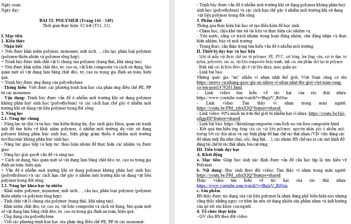 Giáo án Hóa học 9 Bài 32 Polymer