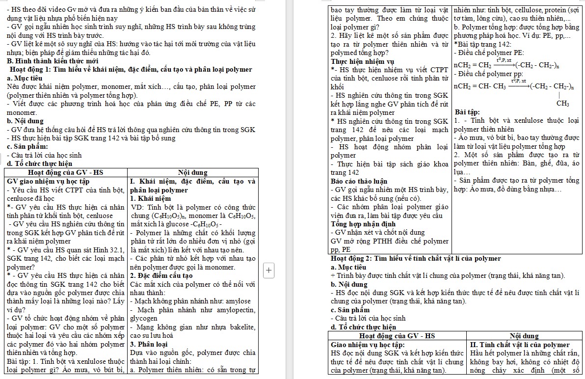 Giáo án Hóa học 9 Bài 32 Polymer