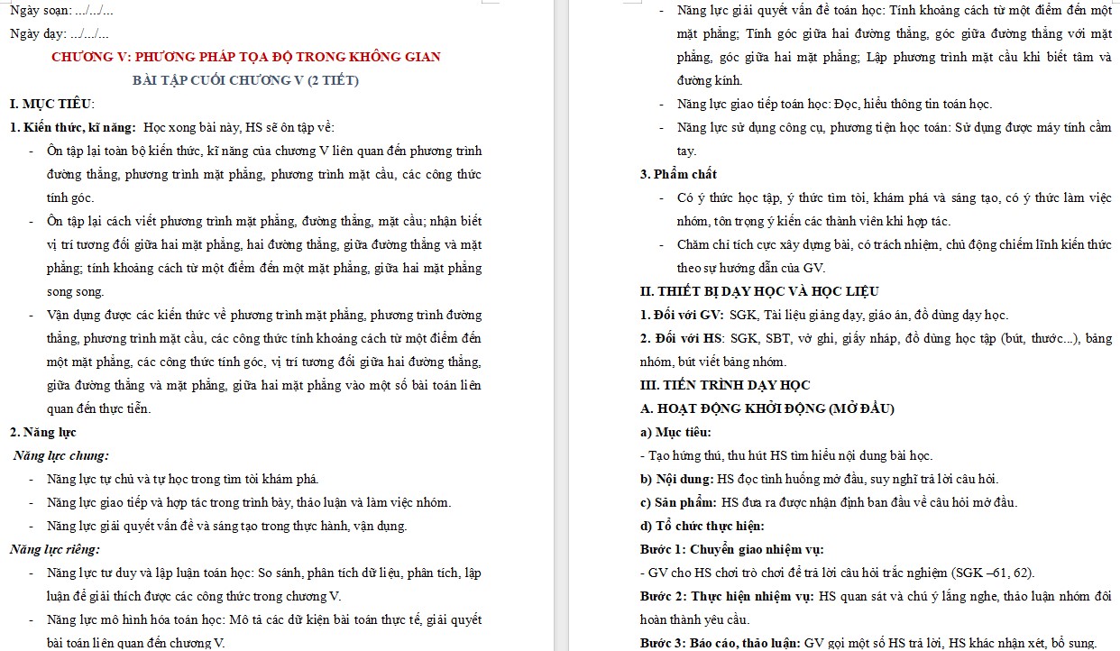 Kế hoạch bài dạy Toán 12 KNTT Bài tập cuối Chương 5 