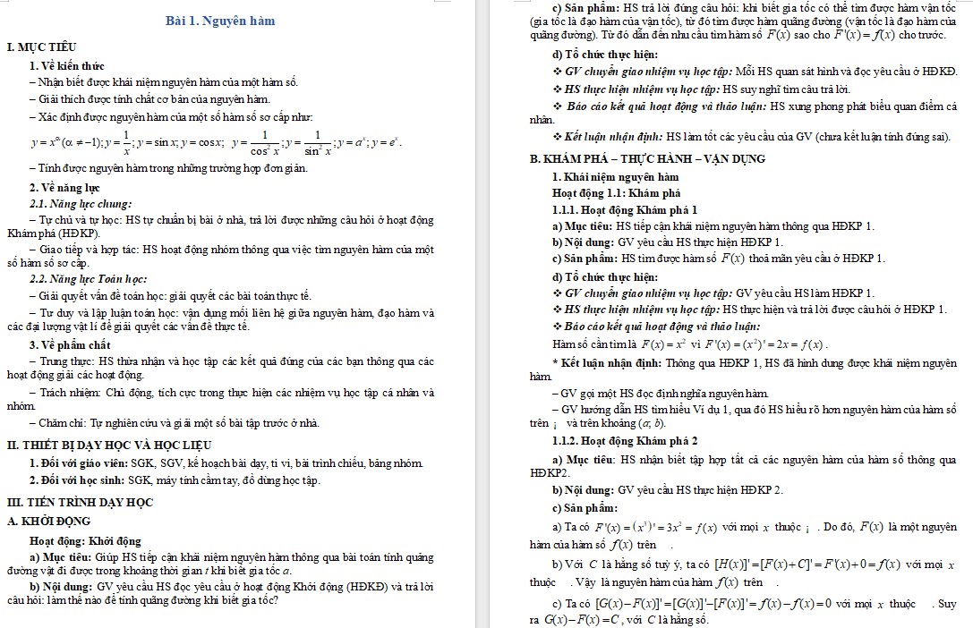 Kế hoạch bài dạy Toán 12 CTST Bài Nguyên hàm