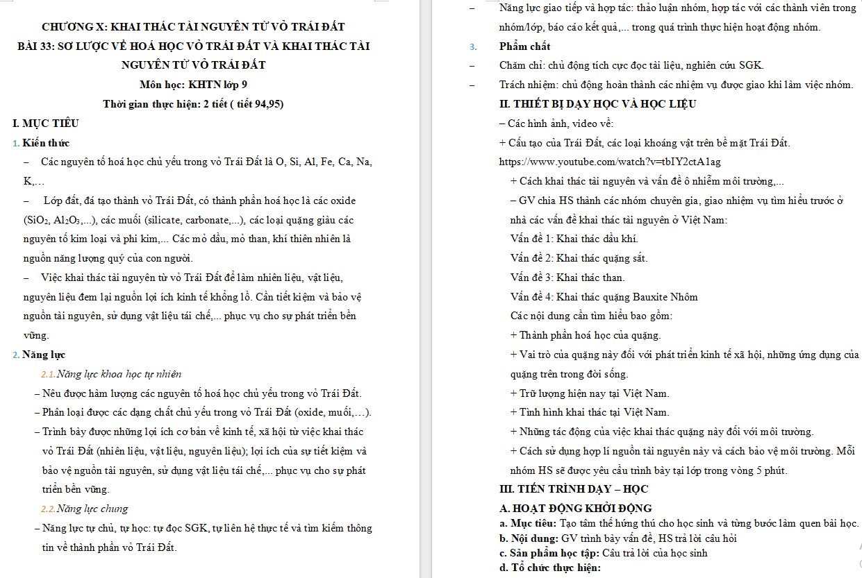 Giáo án Hóa học 9 Bài 33 Sơ lược về hoá học vỏ Trái Đất