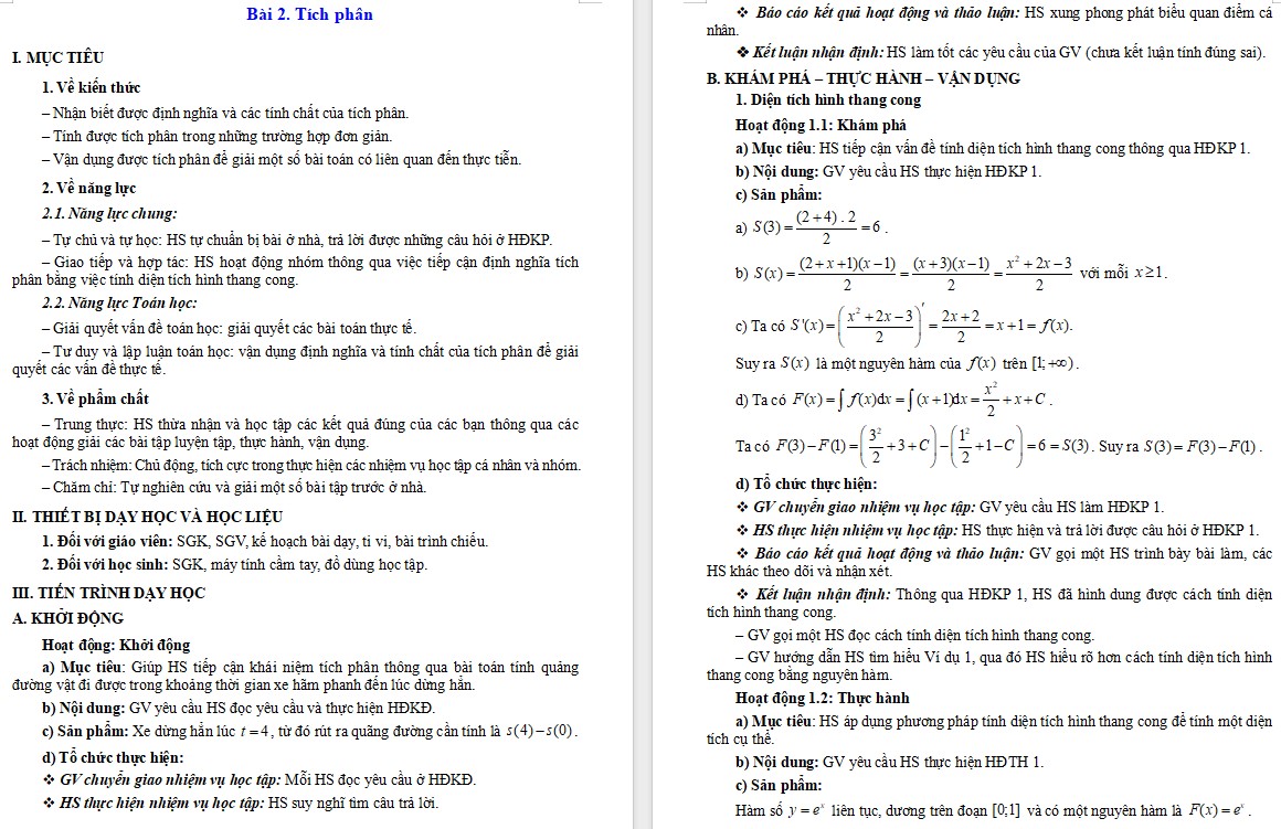 Kế hoạch bài dạy Toán 12 CTST Bài Tích phân