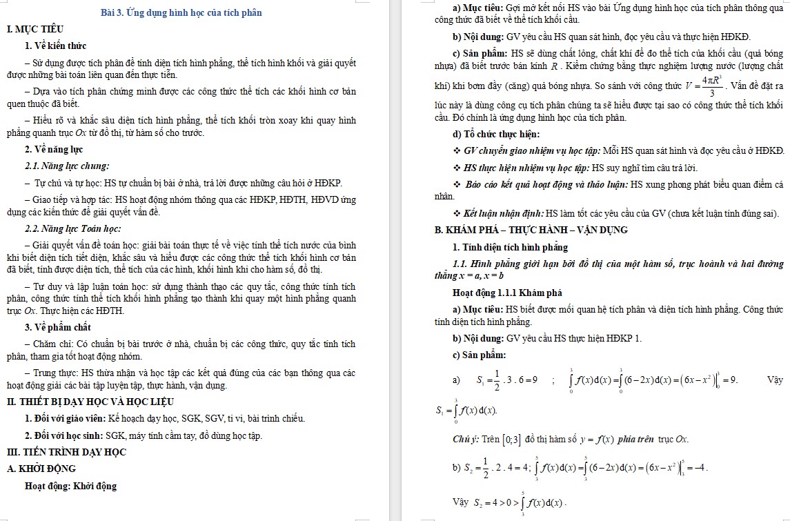Kế hoạch bài dạy Toán 12 CTST Bài Ứng dụng hình học của tích phân