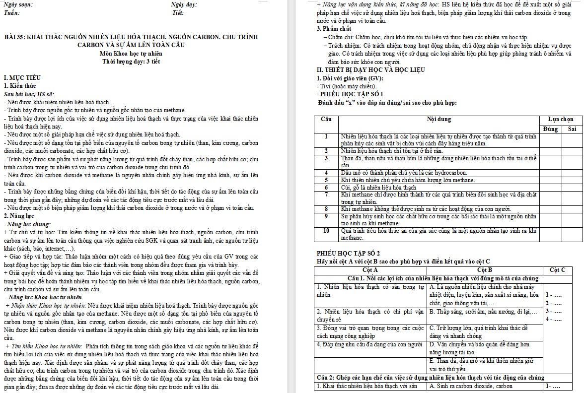 Giáo án Hóa học 9 Bài 35 Khai thác nhiên liệu hoá thạch. Nguồn carbon