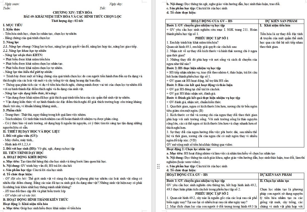 Giáo án Sinh học 9 Bài 49 Khái niệm tiến hoá và các hình thức chọn lọc