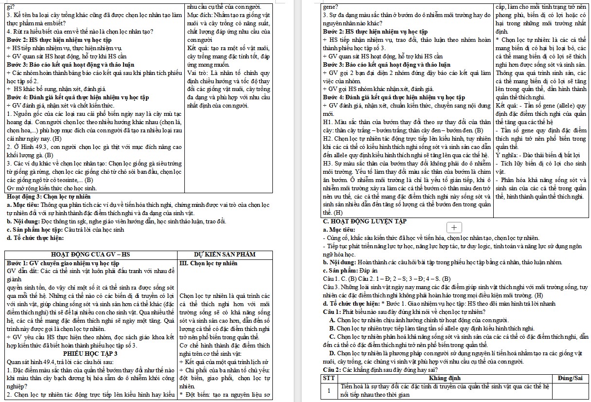 Giáo án Sinh học 9 Bài 49 Khái niệm tiến hoá và các hình thức chọn lọc