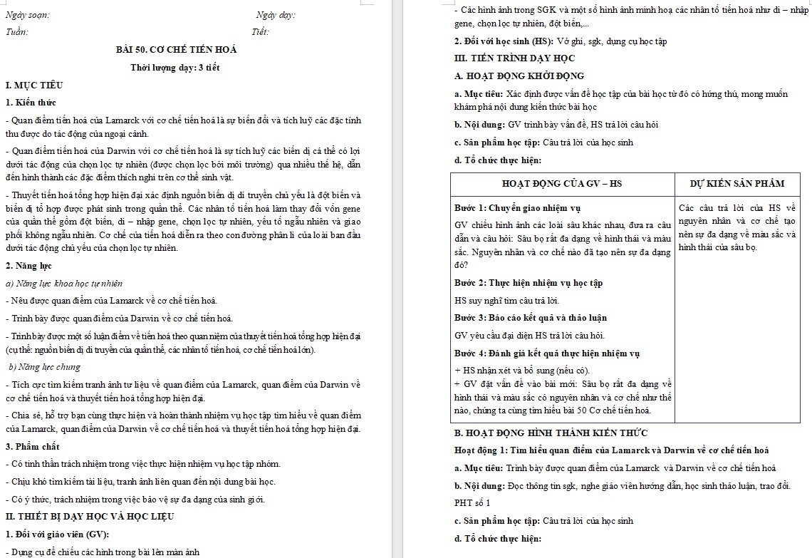 Giáo án Sinh học 9 KNTT Bài Cơ chế tiến hoá