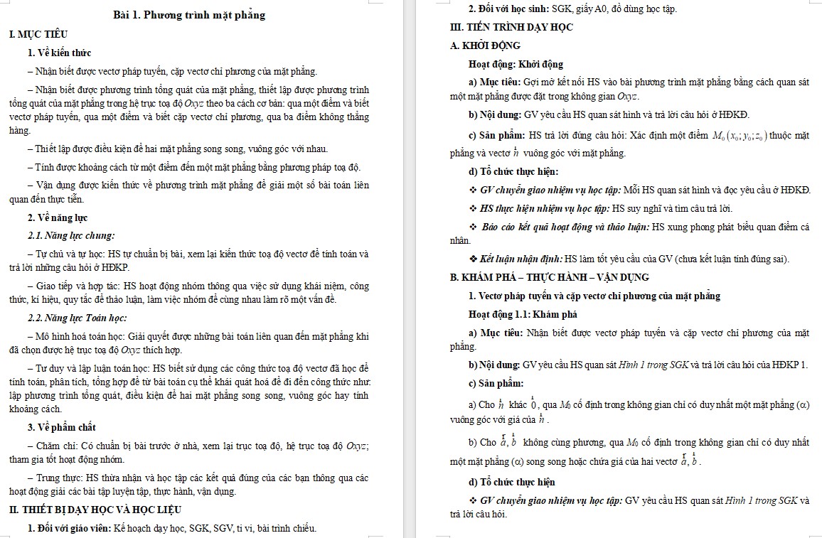 Kế hoạch bài dạy Toán 12 CTST Bài Phương trình mặt phẳng