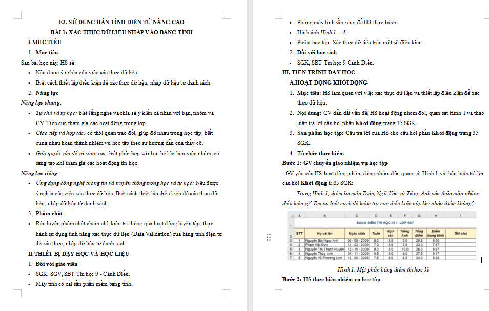 Giáo án Tin học 9 Bài 1 Xác thực dữ liệu nhập vào bảng tính